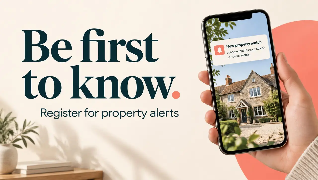 Example advert: Be first to know. Register for property alerts.